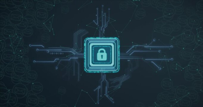 Glow pulsing sparking central padlock chip sending pulses along circuit traces securing network