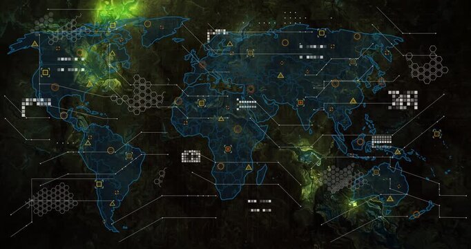 Glowing neon green driving translucent blue map showing hex grids  and  yellow triangles for monitor