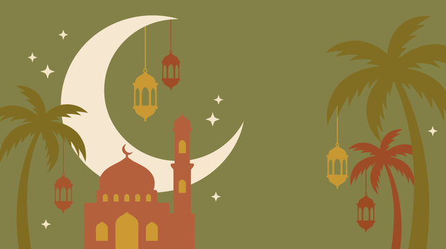 A serene illustration of a mosque, crescent moon, and palm trees with hanging lanterns against a green sky, evoking Islamic celebration.