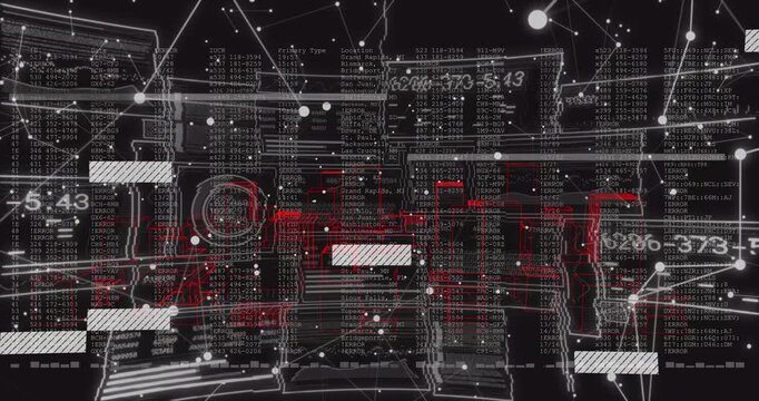 Evolving central matrix expanding in HUD on start with wireframe panels, data columns, red pulses