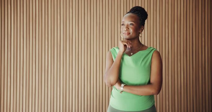 Creative, thinking and businesswoman in office, ambitious and planning for pr campaign and decision. Business, mockup space and black person with smile for ideas, publicist and reflection for project