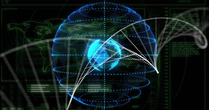 Vertical video: Glowing globe drawing arcs from HUD, forming lattice and rings, mapping global data