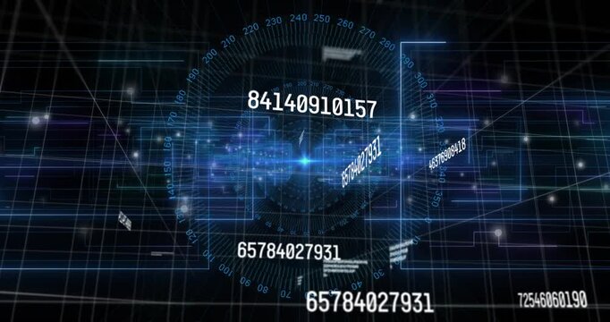 Blue hub brightening, starting numbers emerging and floating outward, camera orbiting, showing data