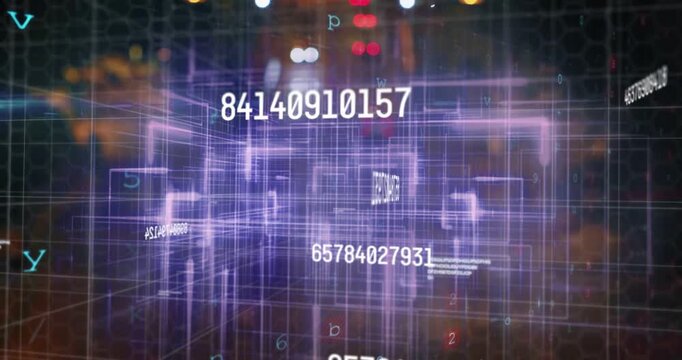 Numbers and grid cube pulsing in tech tunnel, camera entering showing ACCESS DENIED