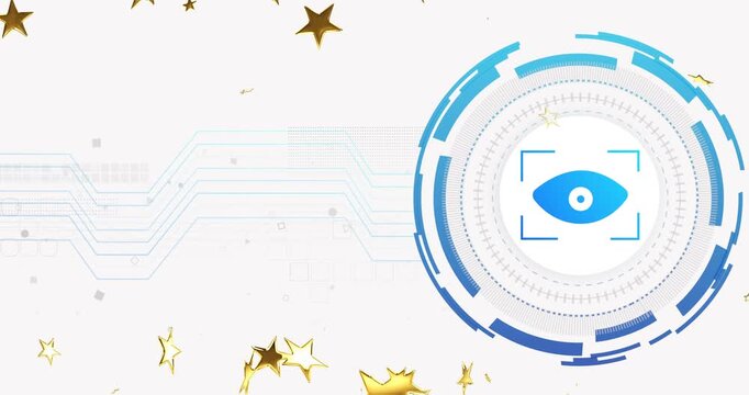 Revealing backdrop for overlay, blue HUD eye pulsing on right while gold stars drifting, copy space