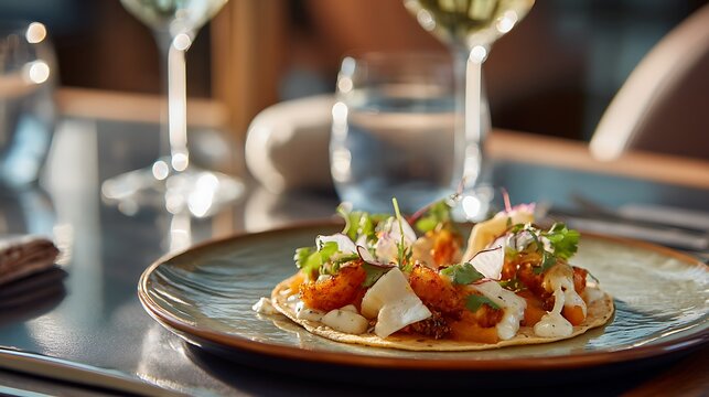 A gourmet taco crafted with premium ingredients as the main subject displayed on a stylish plate on a refined tasting table with subtle restaurant d&eacute;cor nearby, soft spotlight lighting emphasizing the