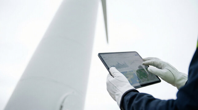 Technician examining data on tablet near wind turbine  