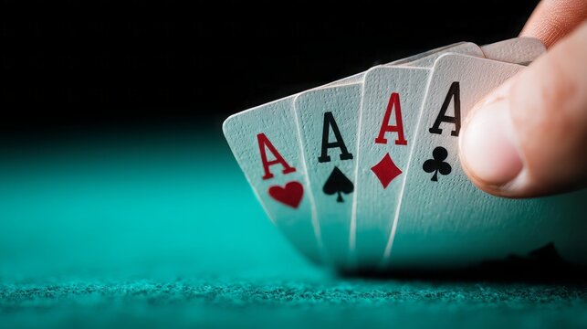 Close-up poker hand revealing four aces on a casino table, ace of spades, playing cards in the casino, playing cards on the table
