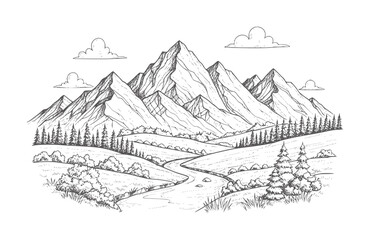 Fototapeta premium Hand drawn mountain landscape with winding river and pine trees