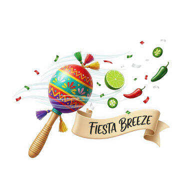A colorful maraca with chili peppers and a banner