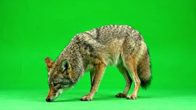 A coyote sniffs the ground on a bright green screen background in a studio setting