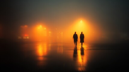 Fototapeta premium Blurred orange yellow light shadow, soft focus film grain texture, ultra-wide angle two people, dreamy mysterious ethereal atmosphere backdrop