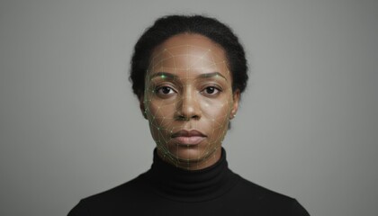 Obraz premium Woman's face illuminated by a green biometric grid overlay for facial id authentication, symbolizing ai driven digital identity, cybersecurity, privacy and modern biometric technology