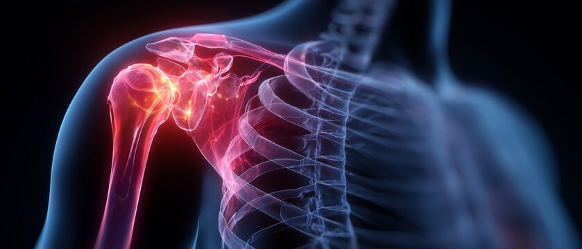 Shoulder joint anatomy showing inflammation and pain with X-ray overlay for educational purposes