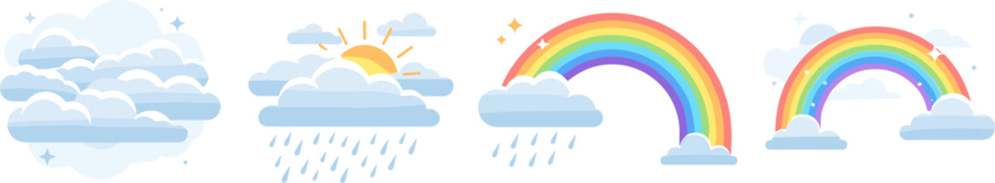 Cute Weather and Rainbow Vector Set with Clouds, Rain, Sunshine, and Colorful Sky Elements for Kids Illustration, Seasonal Design, and Educational Graphics
