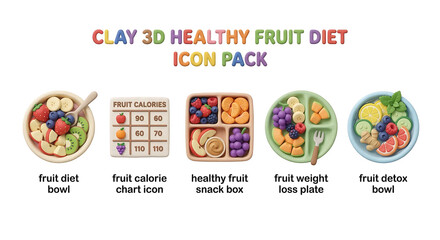 Fototapeta premium Charming 3D Clay Style Icons Collection for Healthy Fruit Diet and Nutrition, Featuring Bowls, Snack Boxes, and Weight Loss Plates