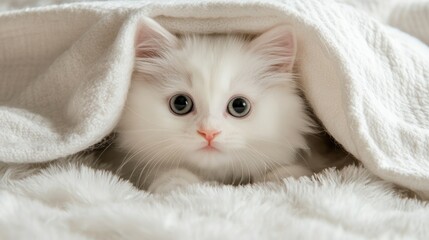 Obraz premium A Cute White Persian Kitten Peeking From Under Blanket
