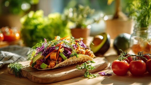 A vibrant healthy taco filled with colorful vegetables, lean protein and herbs as the main subject, placed on a light wooden table surrounded by fresh produce such as tomatoes, avocado and leafy green