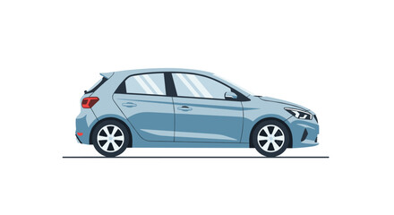 Fototapeta premium A light blue hatchback car is shown in profile on a grey line against a white background.