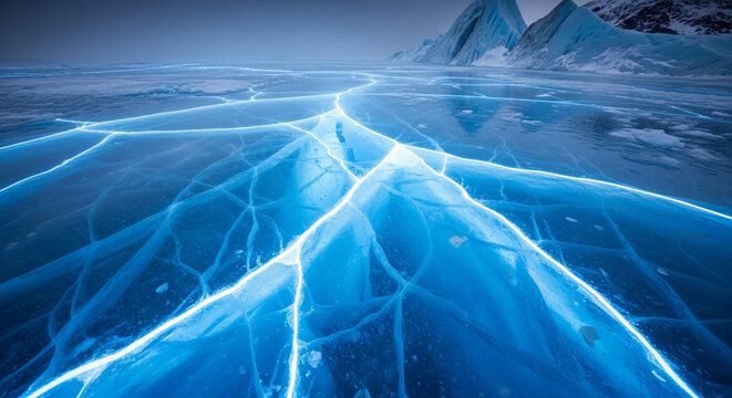 Vast frozen landscape with glowing blue ice cracks and distant icy mountains, symbolizing extreme cold, raw power, and the beauty of nature