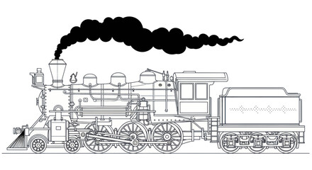 Vintage Steam Locomotive Outlining with Black Smoke, Vector Illustration © happy