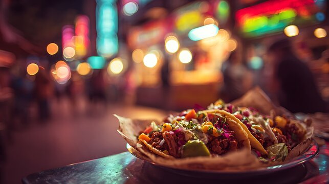 A vibrant taco loaded with colorful toppings as the main subject, placed on a small street food tray at a lively night market stall with glowing neon signs and bustling street atmosphere around, drama