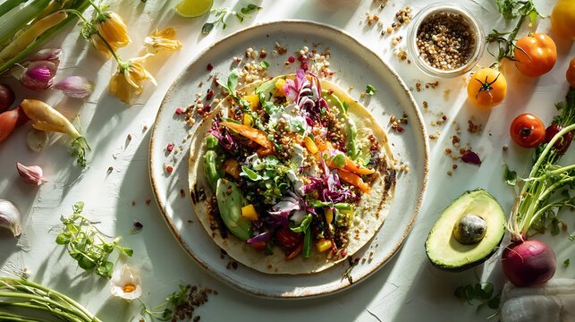 A vibrant taco packed with vegetables, avocado and grains as the main subject, set on a bright white table with colorful ingredients scattered naturally around the plate, bright natural daylight enhan