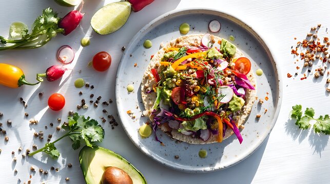 A vibrant taco packed with vegetables, avocado and grains as the main subject, set on a bright white table with colorful ingredients scattered naturally around the plate, bright natural daylight enhan
