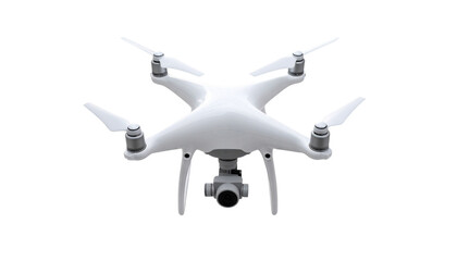 Fototapeta premium An aerial drone with camera. This image captures a white drone with four propellers, designed for aerial photography and videography. The camera is mounted on the front