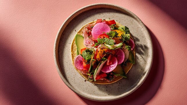 A vibrant taco resting at the center of a plain ceramic plate as the main subject on a seamless background with abundant negative space, soft natural-style studio lighting creating a bright and airy a