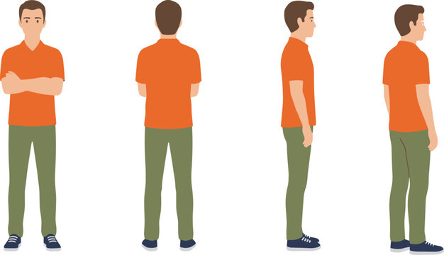 Male character design turnaround sheet featuring front, back, and side profile views in smart casual attire for animation and storyboarding.