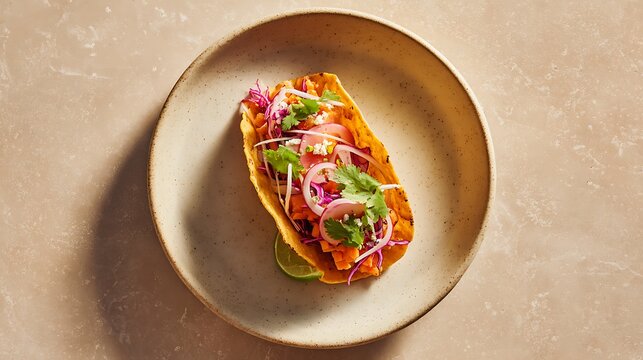 A vibrant taco resting at the center of a plain ceramic plate as the main subject on a seamless background with abundant negative space, soft natural-style studio lighting creating a bright and airy a