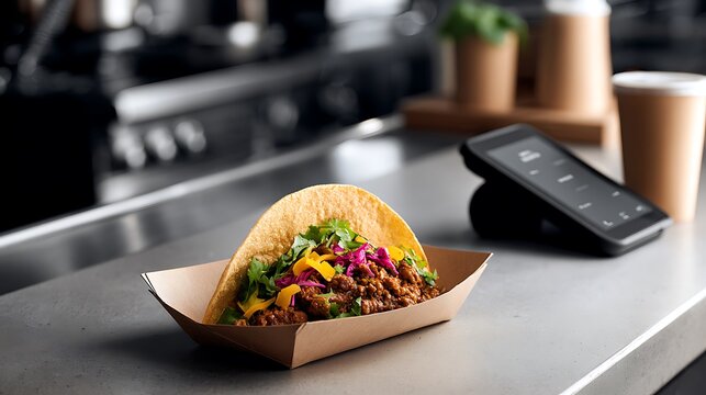 A vibrant taco served on modern food packaging as the main subject placed on a sleek countertop beside a takeaway beverage and mobile ordering screen, bright studio lighting emphasizing the taco&rsquo;s col