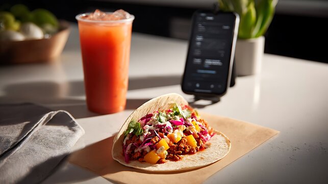 A vibrant taco served on modern food packaging as the main subject placed on a sleek countertop beside a takeaway beverage and mobile ordering screen, bright studio lighting emphasizing the taco&rsquo;s col