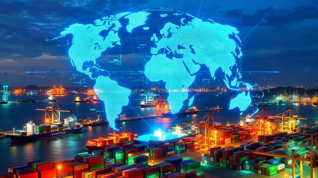 Nighttime port with cargo containers and digital globe