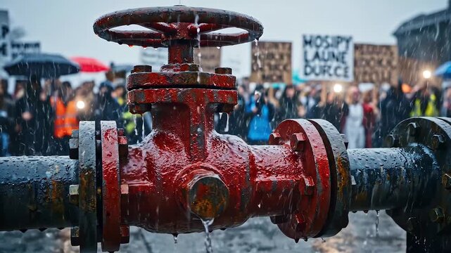 Protesters stand behind leaking water valve in city street, damaged pipeline releasing stream, crowd with signs, infrastructure failure, public service disruption, pressure, conflict, crisis concept