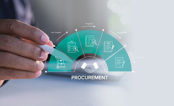 Smart procurement process workflow, Digital contract document approval, Vendor List, Businessman managing e-procurement, B2B Procurement System Interface, paperless invoice, representing B2B sourcing