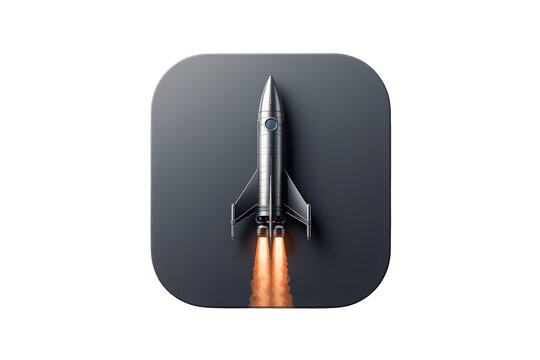 Rocket launching icon symbolizing start-up, business growth, innovation, and technological progress with upward trajectory