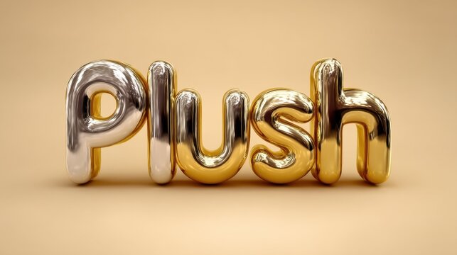 Metallic silver-to-gold 3D &ldquo;Plush&rdquo; text effect on a soft golden background, combining gloss, depth, and luxury in a modern style.