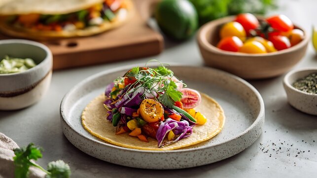 A wholesome taco packed with colorful vegetables and herbs as the main subject, set on a neutral stone countertop with bowls of fresh ingredients surrounding the plate in a clean kitchen space, gentle