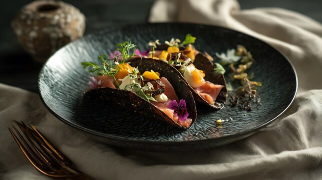 An elegant gourmet taco with refined ingredients as the main subject, presented on a sophisticated ceramic plate in an upscale restaurant table setting with subtle linen textures and minimal d&eacute;cor, so
