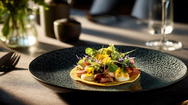 An elegant gourmet taco with refined ingredients as the main subject, presented on a sophisticated ceramic plate in an upscale restaurant table setting with subtle linen textures and minimal d&eacute;cor, so