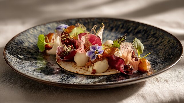 An elegant gourmet taco with refined ingredients as the main subject, presented on a sophisticated ceramic plate in an upscale restaurant table setting with subtle linen textures and minimal d&eacute;cor, so