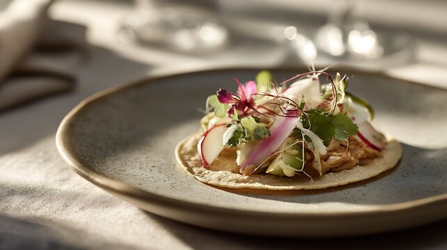 An elegant gourmet taco with refined ingredients as the main subject, presented on a sophisticated ceramic plate in an upscale restaurant table setting with subtle linen textures and minimal d&eacute;cor, so