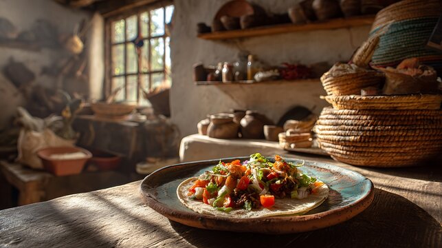 Authentic taco with colorful traditional fillings as the main subject, presented on a handmade ceramic plate in a rustic Mexican village kitchen with wooden shelves, spices and woven baskets nearby, s