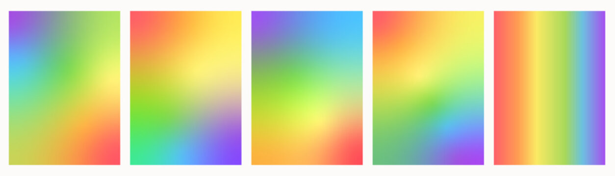 Set of vector queer gradients in rainbow flag colors. Gay wallpaper collection. Trendy LGBTQ pride month backgrounds. Contemporary minimalist colorful poster templates. Illustration.