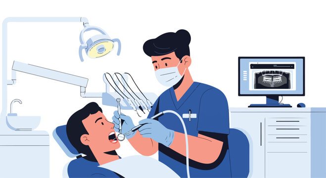 Dentist examining a patient's teeth with dental tools in a clinic