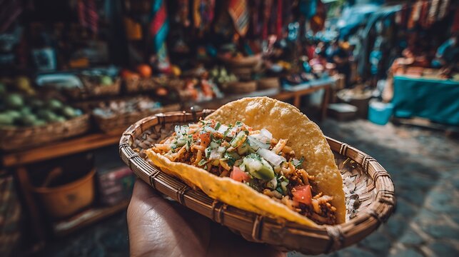 Traditional Mexican taco presented as the main subject with colorful toppings and handmade tortilla, set in a lively street market environment with bright fabrics, baskets of produce and handcrafted d