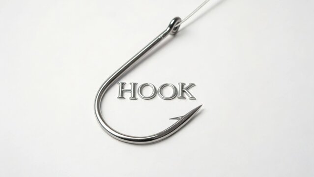 Close-up of a metallic fishing hook with the word "HOOK" displayed prominently in a clean and simple composition