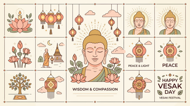 Happy Vesak Day Illustration Set with Buddha and Lotus Flowers
